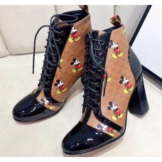 Gucci Patent Black Lace-up Ankle Boots GG Khaki Mickey Mouse 2019