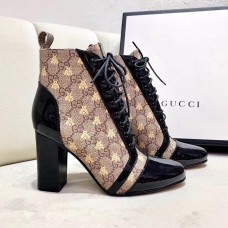 Gucci Patent Black Lace-up Ankle Boots GG Beige Bee 2019