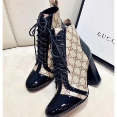 Gucci Patent Black Lace-up Ankle Boots GG Beige 2019