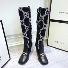 Gucci Zumi Tweed Knee Boots 577652 GG Black 2019