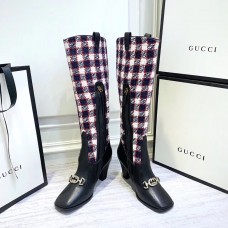 Gucci Zumi Tweed Knee Boots 577652 Check Blue/Red/White 2019