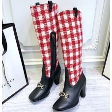 Gucci Zumi Tweed Knee Boots 577652 Check Red/White 2019