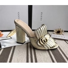 Gucci Metallic Leather7.5/10cm Heel Slide Sandals ‎453495 Gold 2018