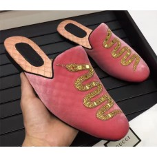 Gucci Velvet Crystal Embroidered Snake Evening Men's Slippers 459094 Rose 2017