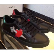 Gucci Ace Leather Embroidered Pierced Heart Low-top Sneaker 472990 Black