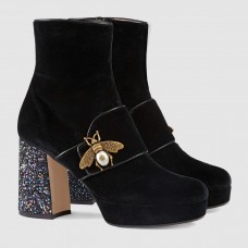 Gucci Black Velvet Ankle Boot With Bee