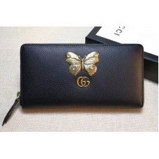 Gucci 499363 Leather zip around wallet with butterfly Black