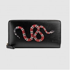 Gucci Black Kingsnake Print Leather Zip Around Wallet