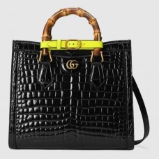 Gucci Diana Small Tote Bag In Black Croc-embossed Leather