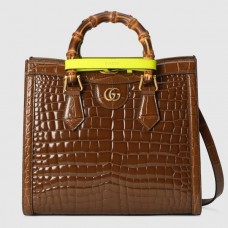Gucci Diana Small Tote Bag In Brown Croc-embossed Leather