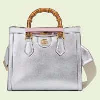 Gucci Diana Small Tote Bag In Silver Metallic Leather