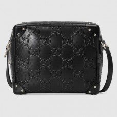 Gucci Trunks Messenger Bag In Black GG Embossed Perforated Leather