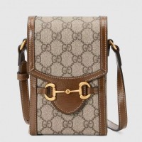 Gucci Horsebit 1955 Mini Bag In GG Canvas with Brown Trim