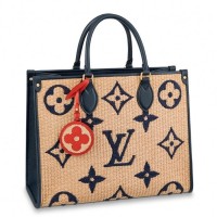 Louis Vuitton OnTheGo MM Bag In Raffia With Blue Leather M57723