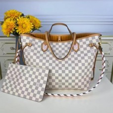Louis Vuitton LV Neverfull MM N50047 Damier Azur with Pink Braided Strap
