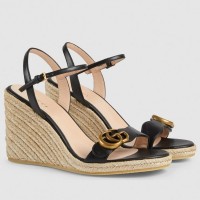 Gucci Black Double G Espadrille Wedge Sandals