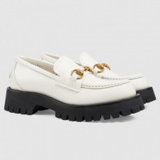 Gucci Lug Sole Horsebit Loafers In White Leather