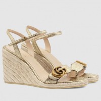 Gucci Metallic Double G Espadrille Wedge Sandals