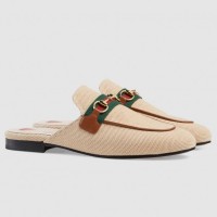 Gucci Princetown Canvas Slippers With Brown Leather Trim