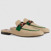 Gucci Princetown Canvas Slippers With Green Leather Trim