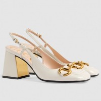 Gucci White Leather Slingback Pumps 75mm With Horsebit