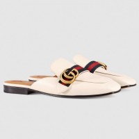 Gucci White Leather Slippers With Signature Web