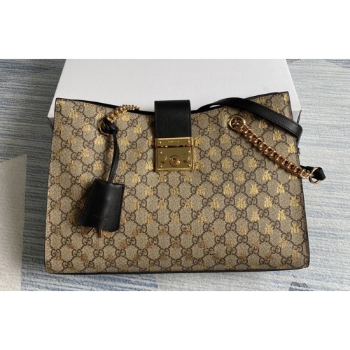Gucci 498156 Padlock small GG bees shoulder bag in Beige/ebony GG ...