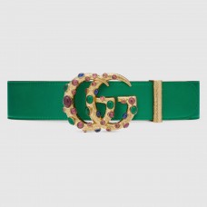 Gucci Leather belt with crystal Double G buckle ‎Emerald Green 600630