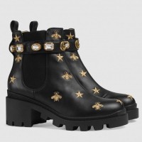 Gucci Gold Thread Embroidered Bees And Stars Leather Ankle Boots With Belt 2018