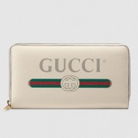 Gucci Print Vintage Logo Grained Leather Zip Around Wallet 496317 White