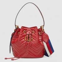 Gucci Sylvie Web Strap GG Marmont Chevron Quilted Leather Bucket Bag 476674 Red