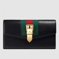 Gucci Web Sylvie Leather Zip Around Wallet 476083 Black 2017