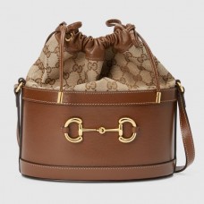 Gucci 1955 Horsebit Bucket Bag In GG canvas With Brown Calfskin