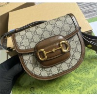 Gucci Beige GG Canvas And Brown Leather Horsebit 1955 Mini Rounded Shoulder Bag