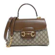 Gucci Horsebit 1955 Medium Top Handle Shoulder Bag In Beige And Ebony GG Supreme Canvas