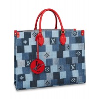 Louis Vuitton Onthego GM Tote Bag In Damier Monogram Denim Canvas M44992 Blue/Red