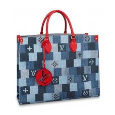 Louis Vuitton Onthego GM Tote Bag In Damier Monogram Denim Canvas M44992 Blue/Red