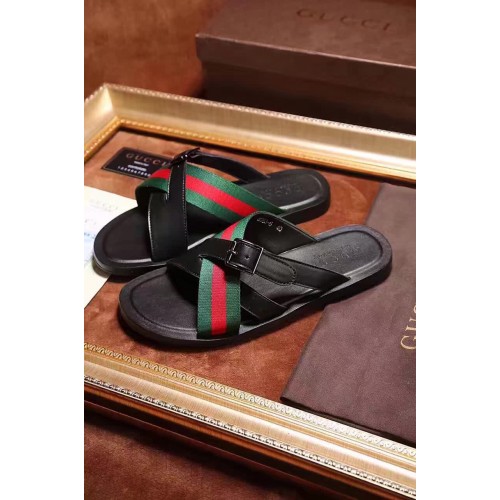 GUCCI CLASSICAL STYLE CALFSKIN SLIPPER GREEN AND RED WEB FOR MEN(AD-731103)