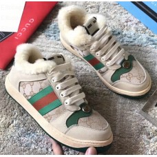 Gucci Leather Web Screener Shearling Sneakers Green/Beige