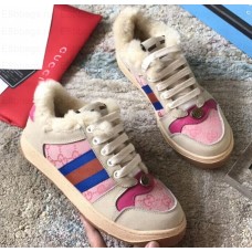 Gucci Leather Web Screener Shearling Sneakers Pink