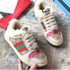 Gucci Leather Web Screener Shearling Sneakers Pink/Beige