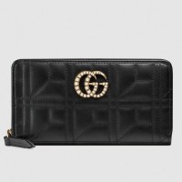 Gucci Black GG Marmont Zip Around Wallets With Pearls