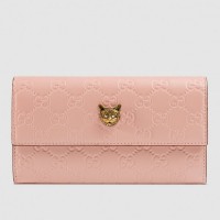 Gucci Continental Wallet With Cat In Pink Signature Leather