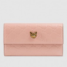 Gucci Continental Wallet With Cat In Pink Signature Leather