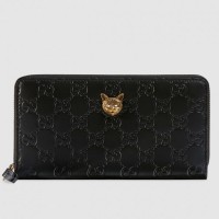 Gucci Zip Around Wallet With Cat In Black Signature Leather