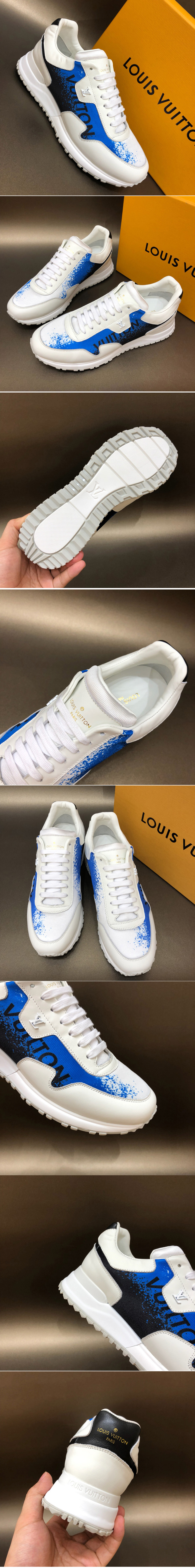 Replica Louis Vuitton 1A5ASF LV Run Away Sneaker in white calf leather and Blue textile printed