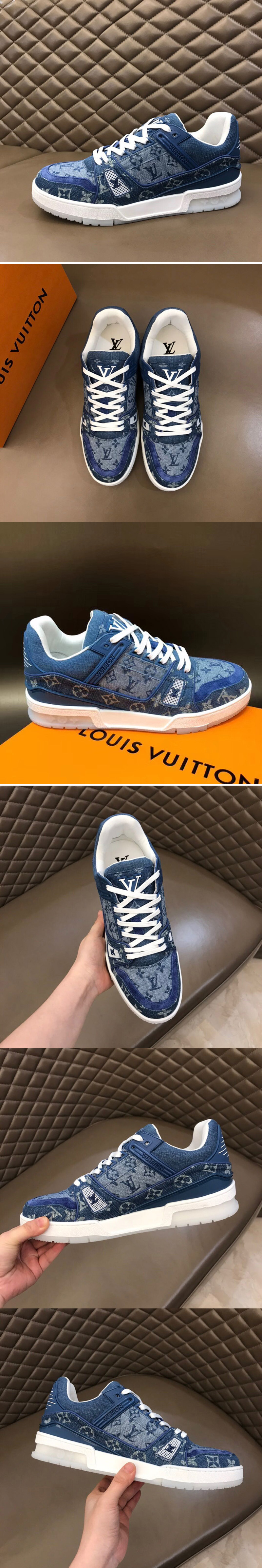 Replica Louis Vuitton 1A7S4Z LV Trainer sneaker In Blue Monogram denim