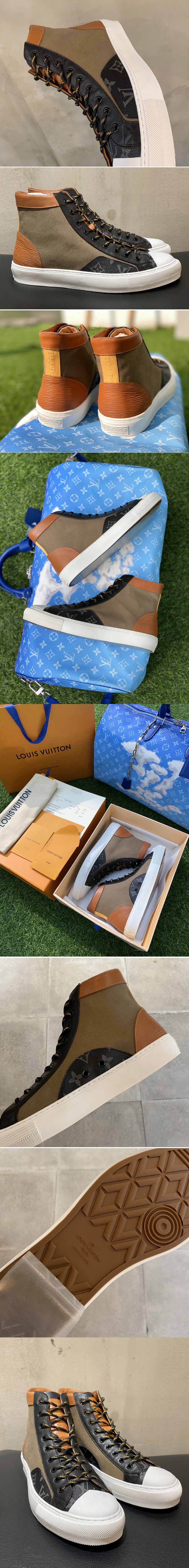 Replica Louis Vuitton 1A7SA9 LV Tattoo sneaker boot in Epi calf leather mix Monogram Eclipse canvas