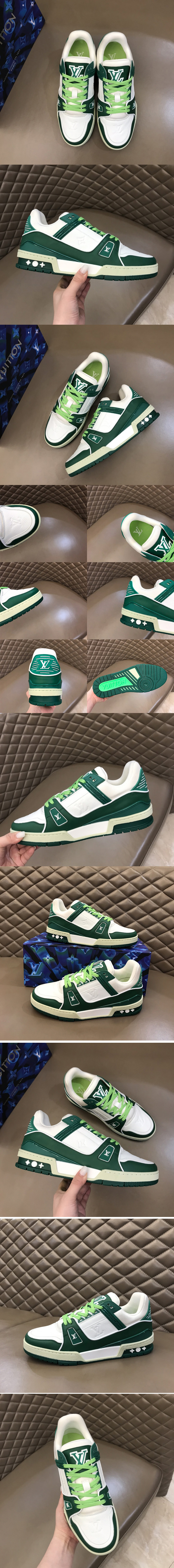 Replica Louis Vuitton 1A812G LV Trainer sneaker in Green/White calf leather