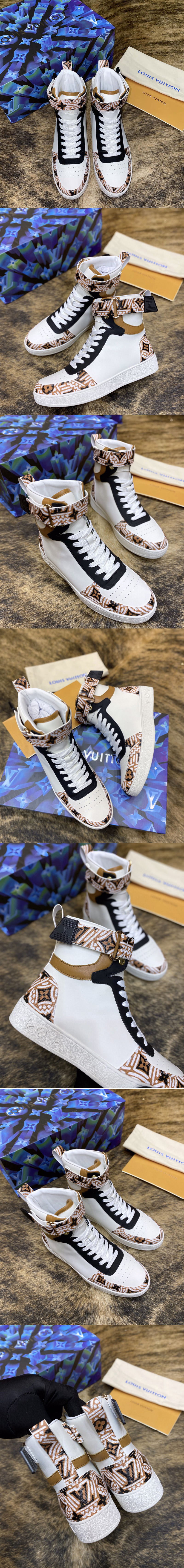 Replica Louis Vuitton 1A87R0 LV Crafty Boombox Sneaker Boot in Brown Calf leather and patent Monogram canvas